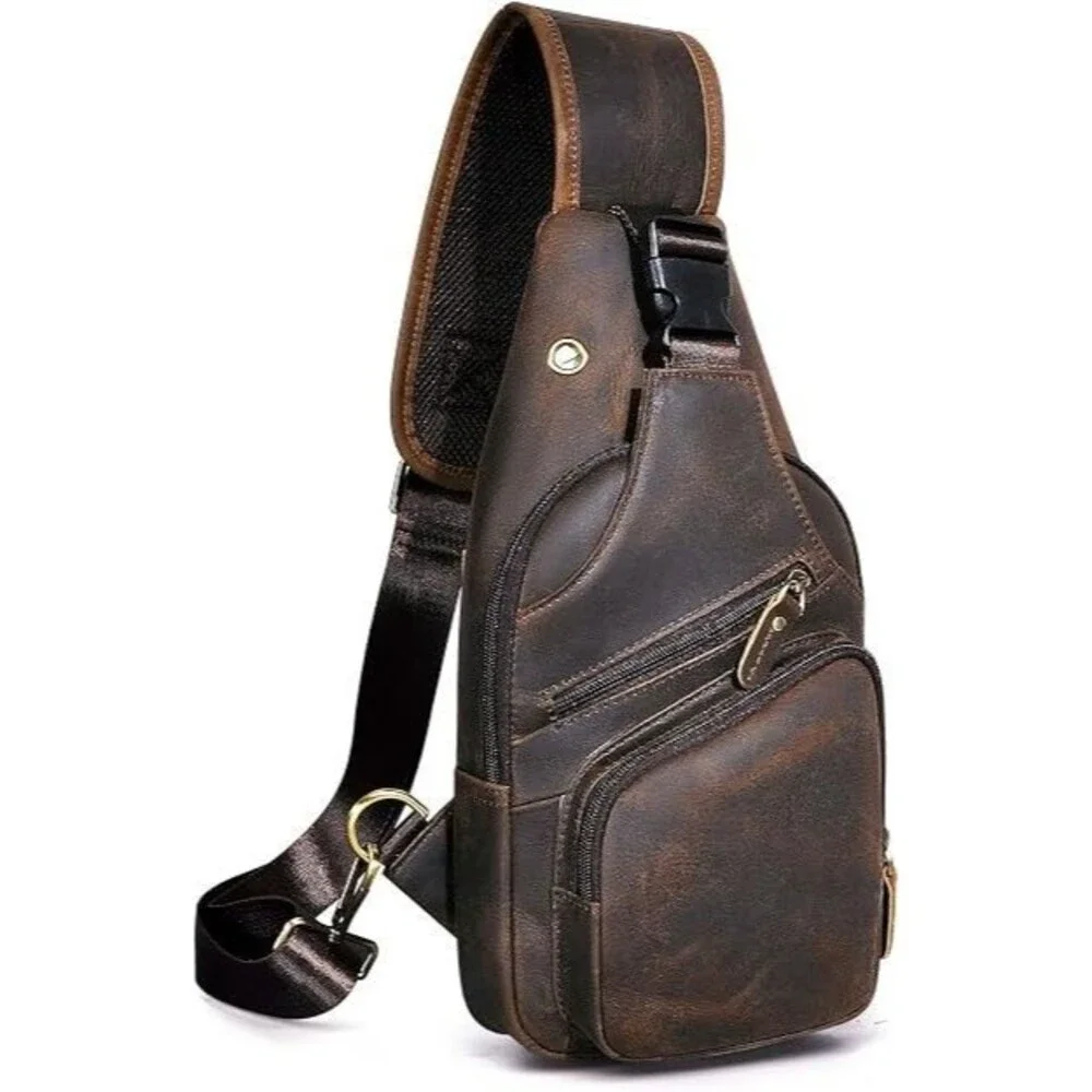 Men Fashion Casual Crossbody Chest Sling Bag, Genuine Leather, Dark Brown